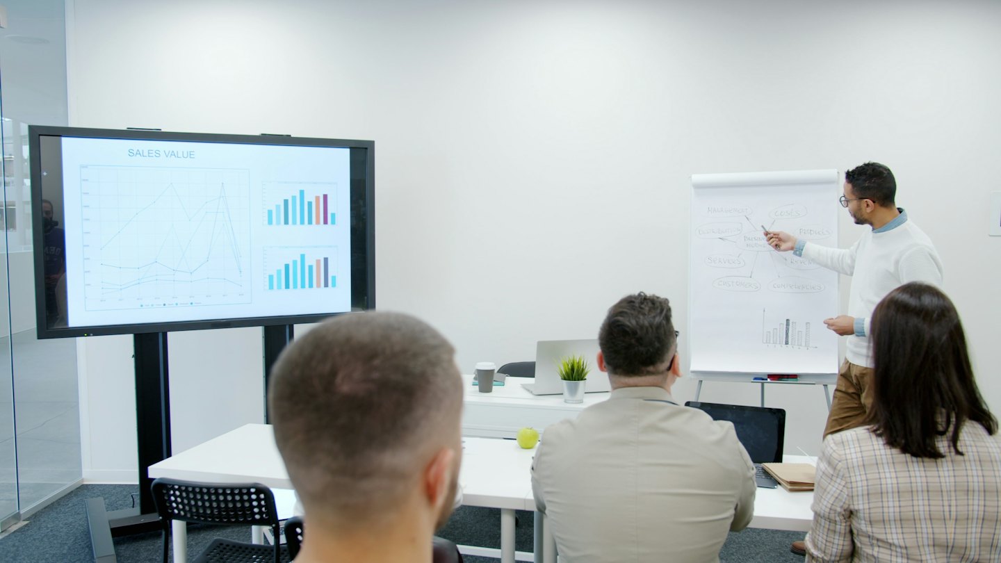 Man presents sales charts on a screen in a conference room.